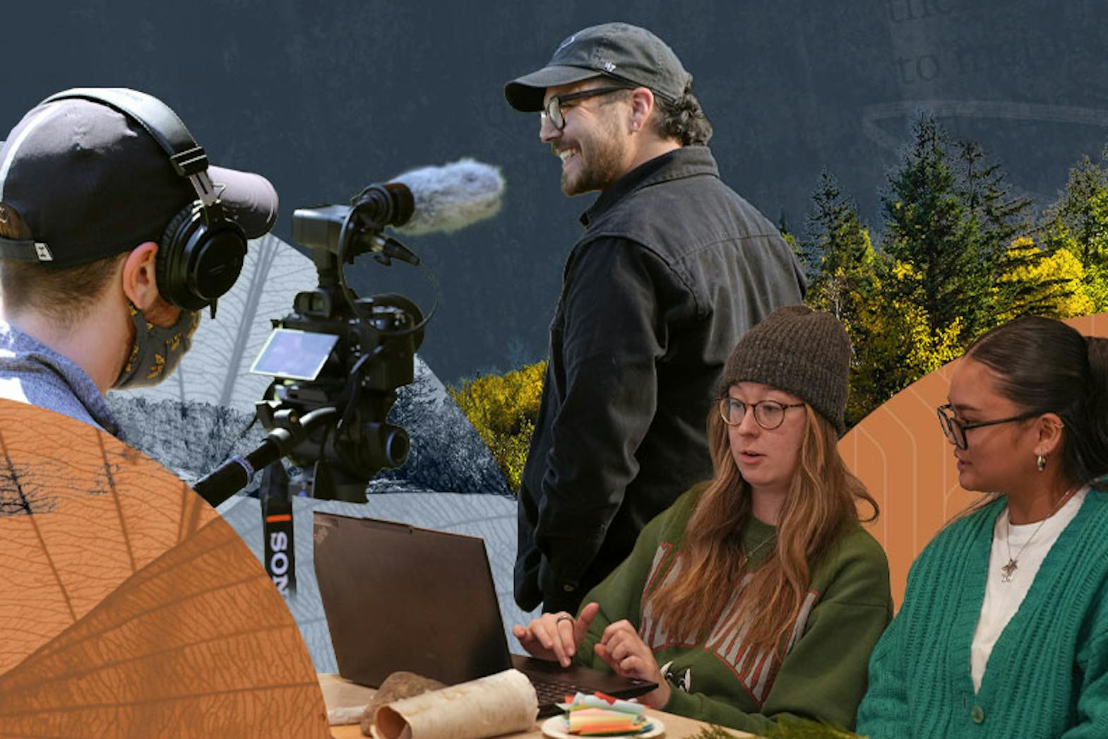 A collage of environmental textures and Narratives staff