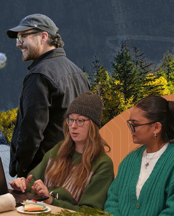 A collage of environmental textures and Narratives staff