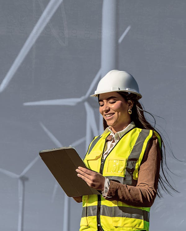A women in a safety vest holding a clipboard standing in front of windmills