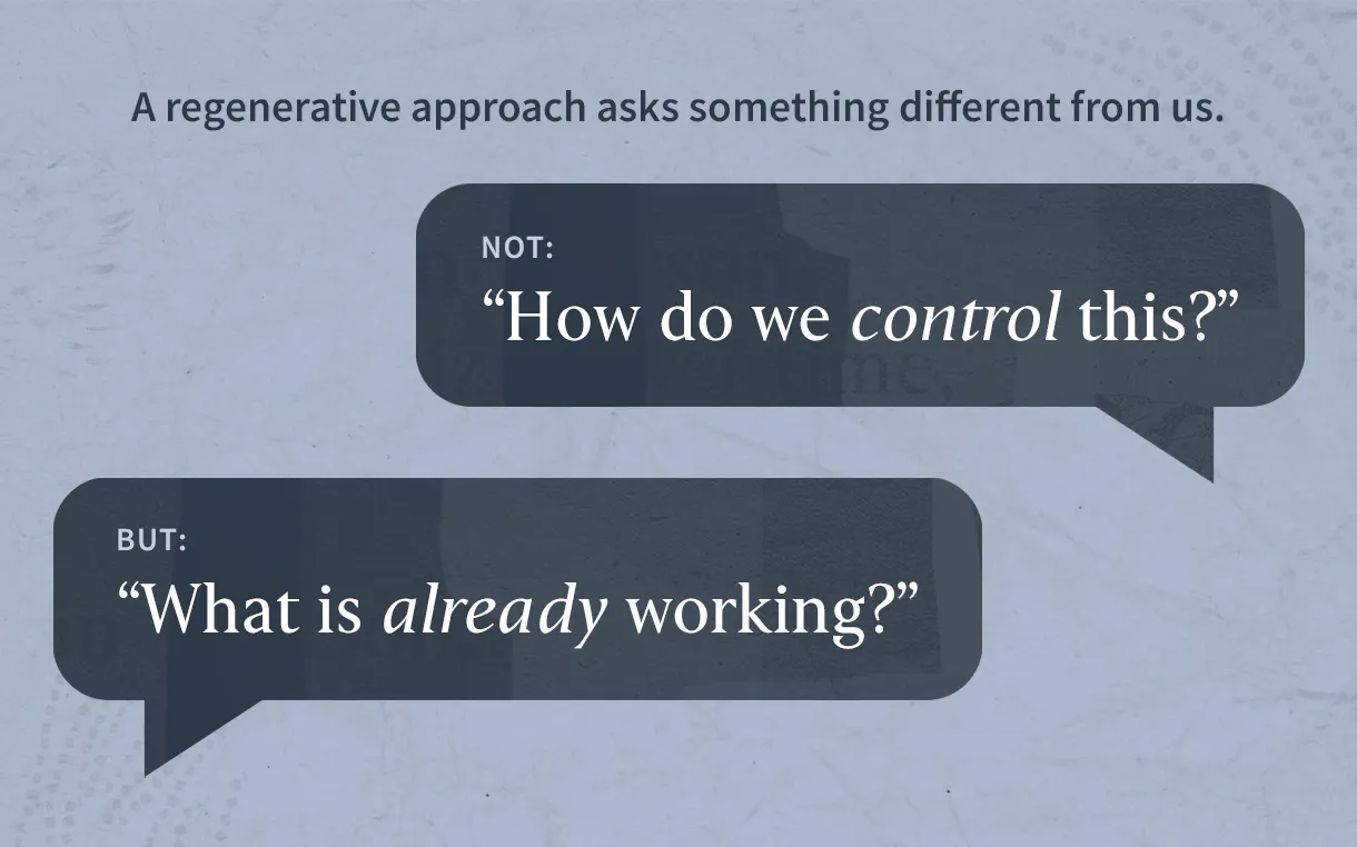 A graphic titled "A regenerative approach asks something different from us." Followed by two speech bubbles. The first reads "Not: "How do we control this?" The second reads "But: "What is already working?"