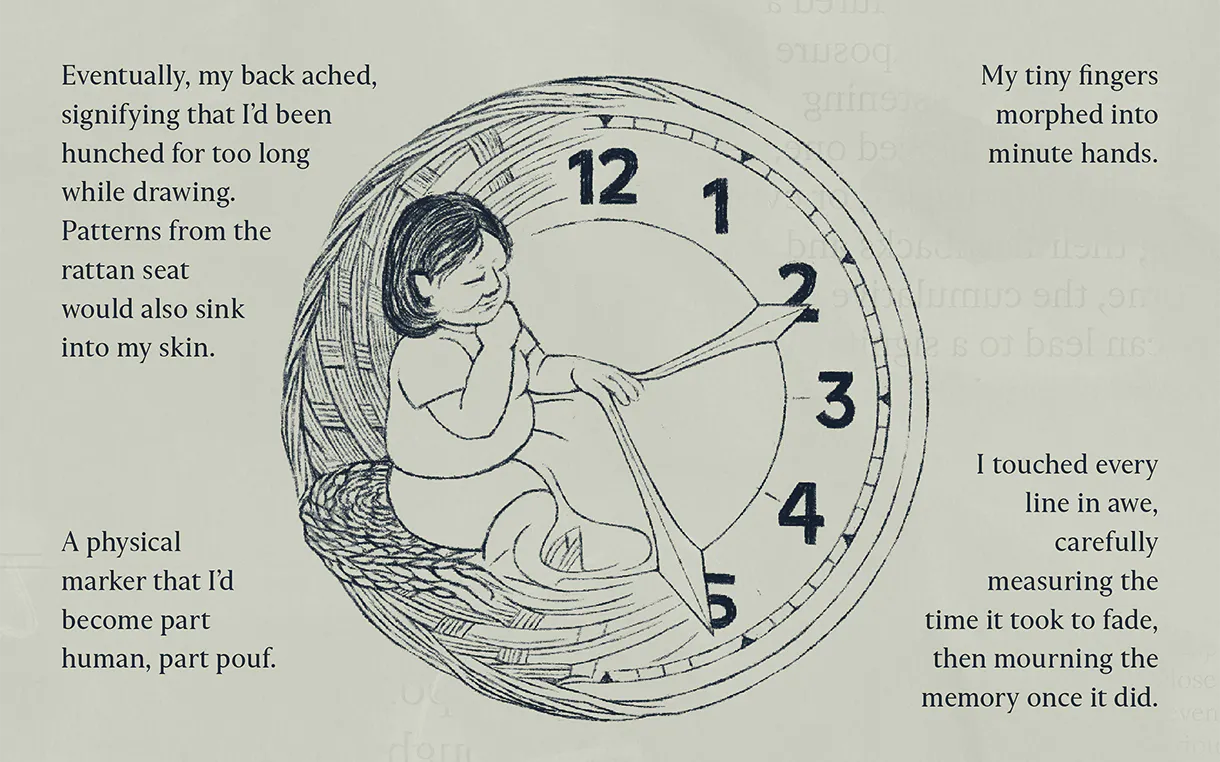 A muted grey-green background with a circular illustration in the center depicting a child sitting hunched over inside a woven rattan basket that doubles as a clock face with numbers 12 through 5. Poetic text sections are scattered around the graphic, describing physical fatigue from drawing and measuring the passing of time through the fading impressions of woven patterns on the skin.