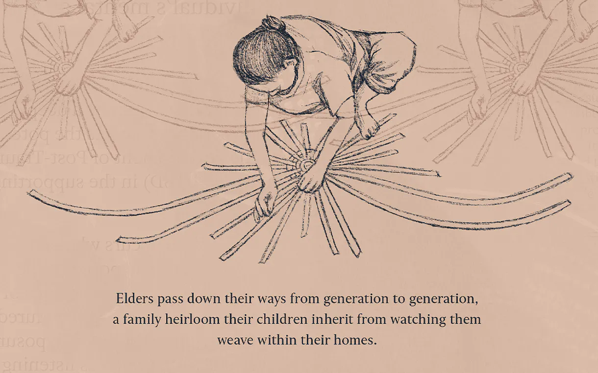 A warm, dusty-rose background featuring a sketch of an artisan viewed from above, kneeling and hand-weaving long, flat strips of material into a starburst pattern. Faint, mirrored transparent overlays of the same image appear in the background. The text at the bottom reads: "Elders pass down their ways from generation to generation, a family heirloom their children inherit from watching them weave within their homes."