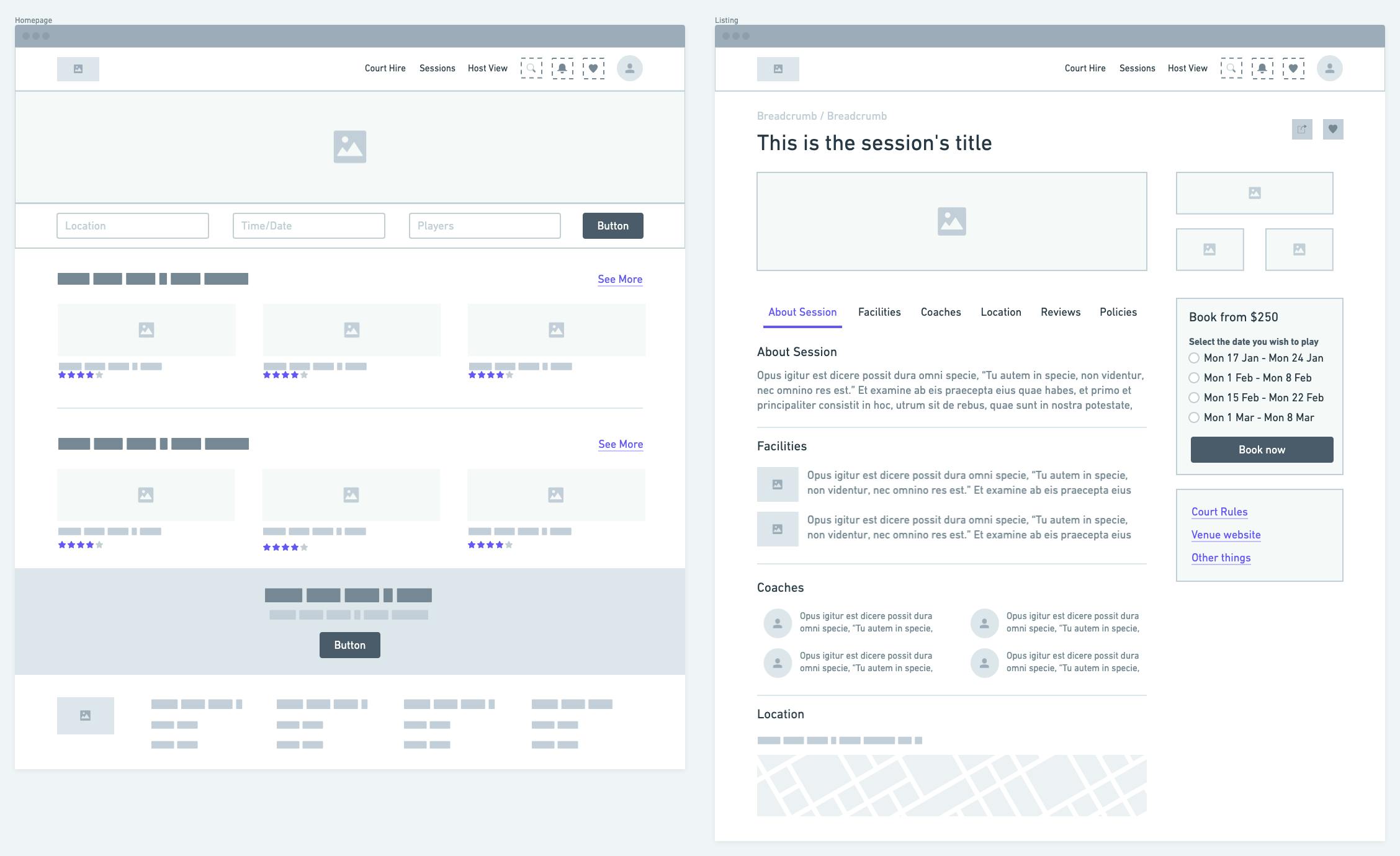 Here are some of the digital mockups for the home and listing pages, showing how we started bringing the idea to life.