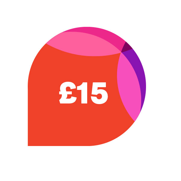 Colourful bubble showing an amount of £15 