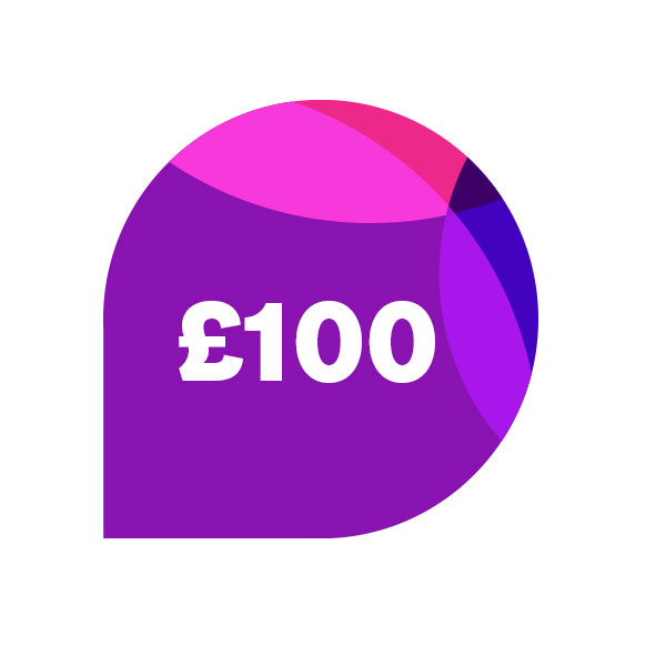 Colourful bubble showing an amount of £100