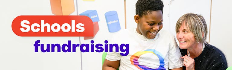 A smiling student and an adult teacher interact in a classroom setting, with a text overlay that reads, 'Schools fundraising'