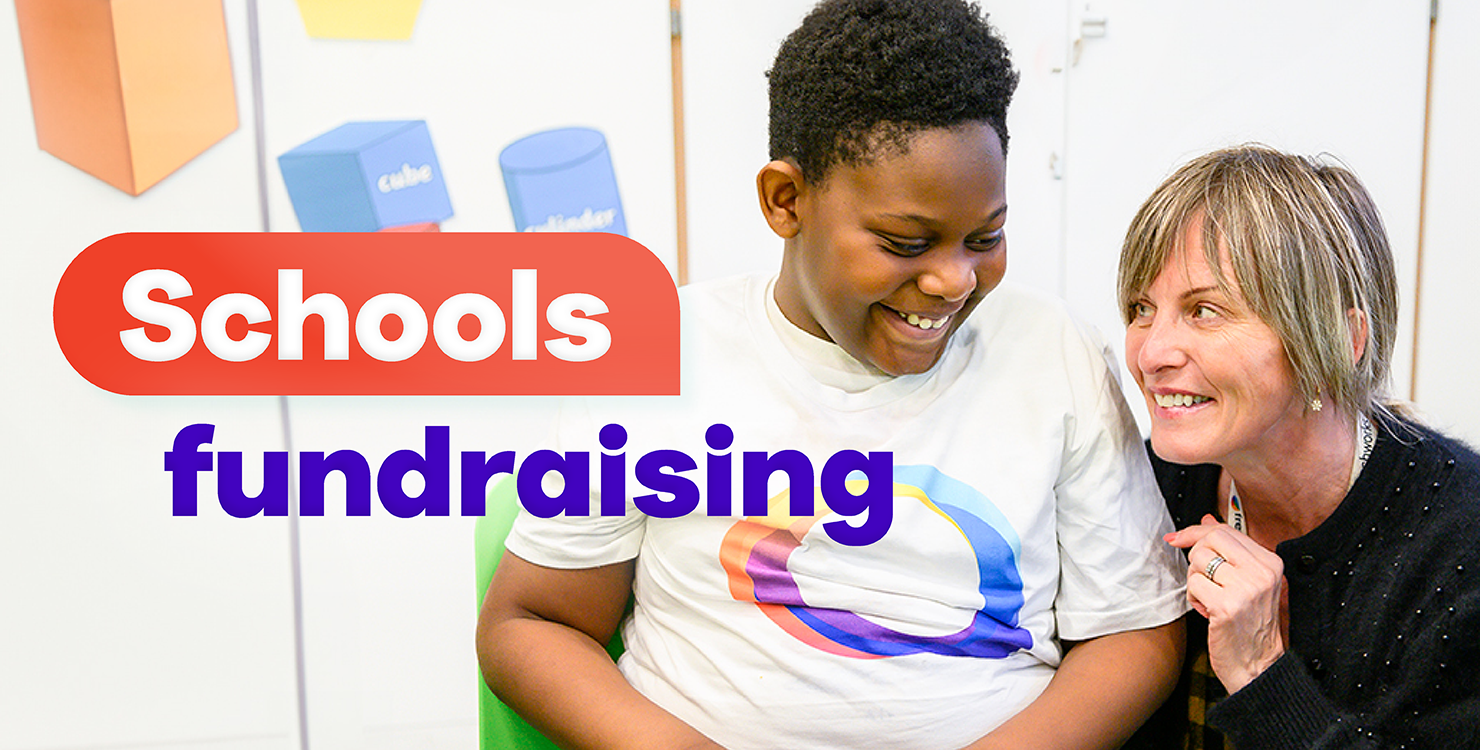 A smiling student and an adult teacher interact in a classroom setting, with a text overlay that reads, 'Schools fundraising