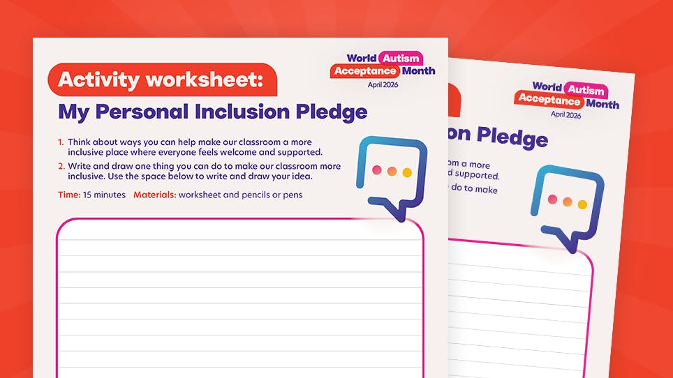 A bright educational worksheet titled “Activity worksheet: My Personal Inclusion Pledge” for World Autism Acceptance Month, April 2026.