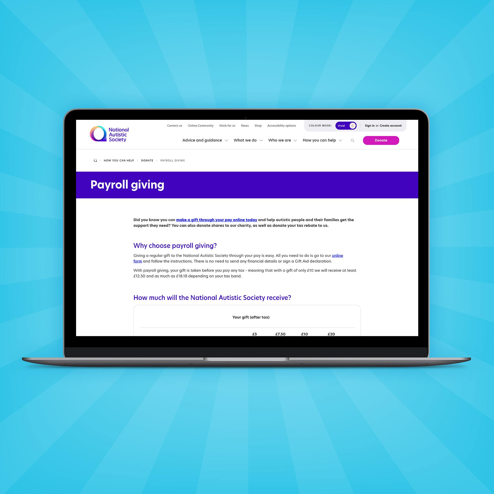 A laptop screen displaying the National Autistic Society website page titled “Payroll giving.” The page has a white background with a purple header and text explaining payroll giving benefits and donation details. The laptop is centered on a bright blue background with radiating rays.