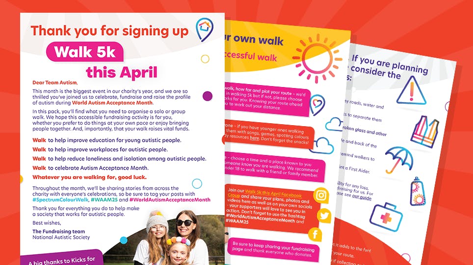 Colourful flyer promoting “Walk 5k this April” for World Autism Acceptance Month with tips and social media info.