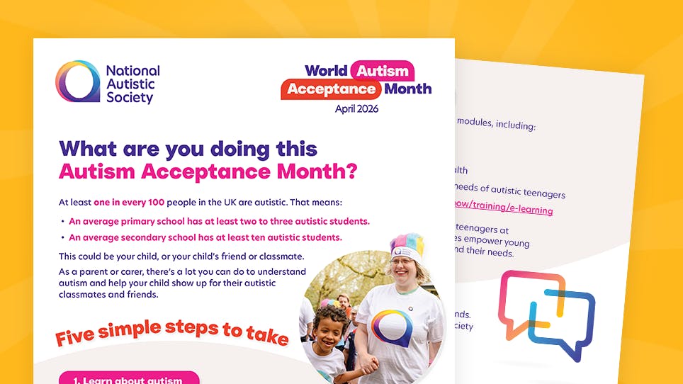 Flyer from National Autistic Society for World Autism Acceptance Month 2026 with tips and stats on autism.