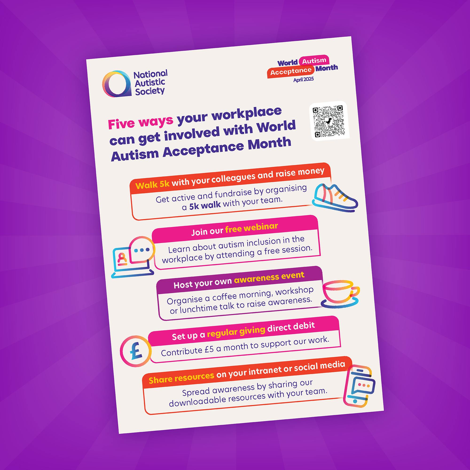 A colourful poster from the National Autistic Society titled “Five ways your workplace can get involved with World Autism Acceptance Month.” The background is purple with a radial pattern.