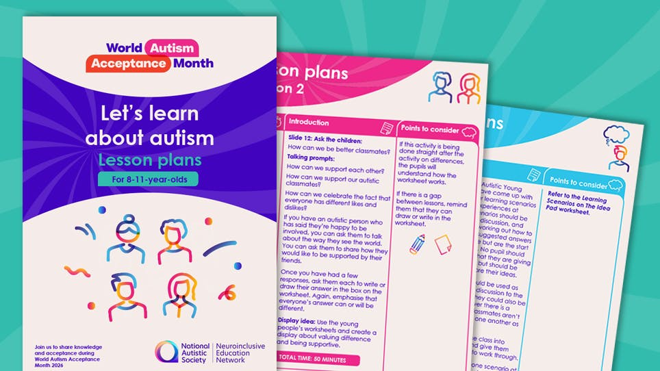 Purple and white cover titled “Let’s learn about autism: Lesson plans” for 8–11 year olds with detailed activity pages.