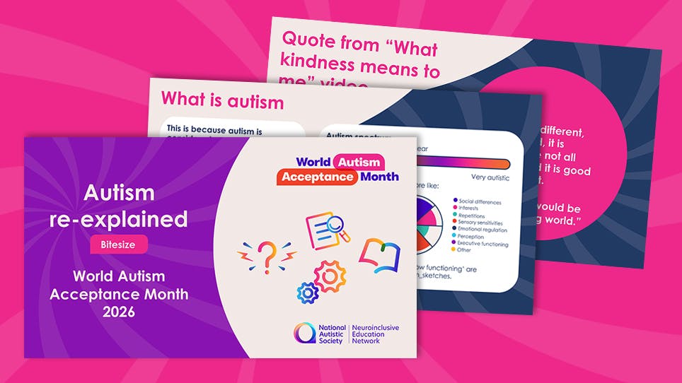 Purple cover titled “Autism re-explained: Bitesize” for World Autism Acceptance Month with slides on autism and kindness.
