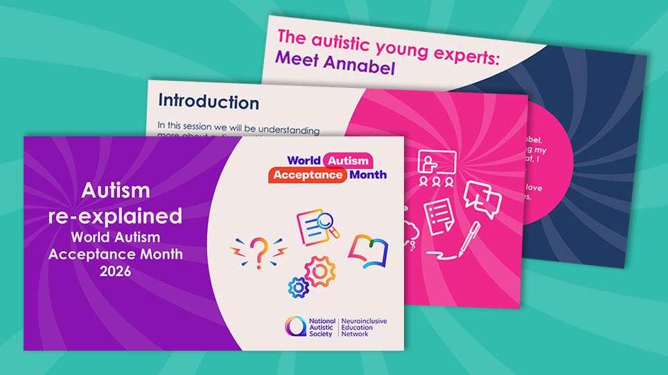 Purple cover titled “Autism re-explained” for World Autism Acceptance Month with slides on introduction and young autistic experts.