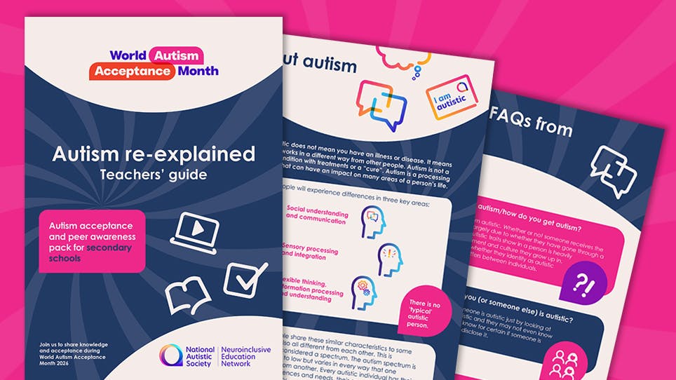Purple cover titled “Autism re-explained: Teachers’ guide” for World Autism Acceptance Month with pages on autism and FAQs.