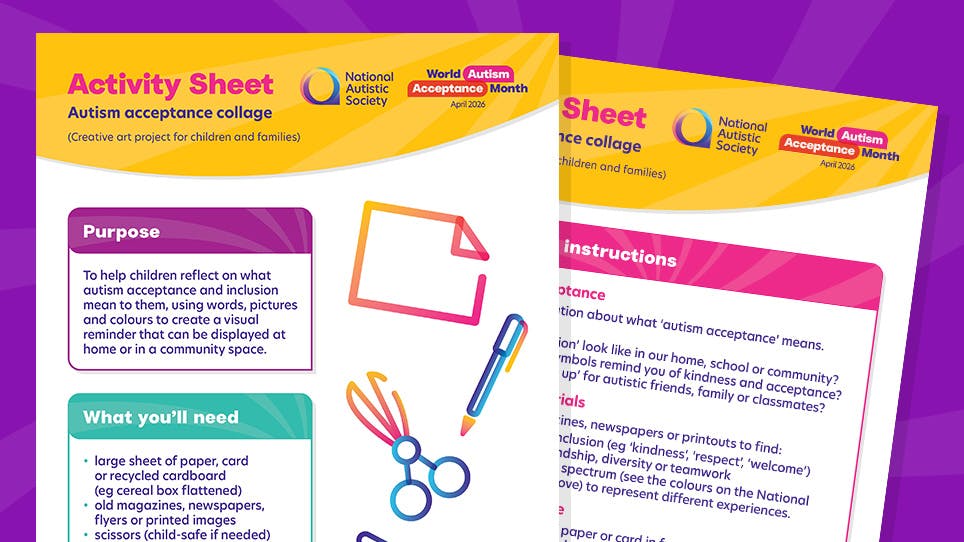 Yellow and purple “Activity Sheet” for World Autism Acceptance Month with collage instructions and materials list.