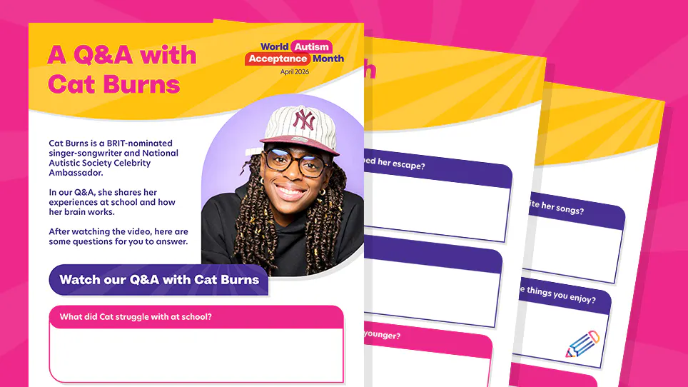 A colorful promotional graphic for a “Q&A with Cat Burns” during World Autism Acceptance Month (April 2026). It features a photo of Cat Burns smiling and wearing glasses, a black hoodie, and a New York Yankees cap. 