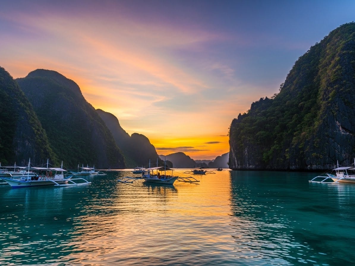 Limestone cliffs and turquoise waters of El Nido at sunset, with traditional bangka boats in foreground