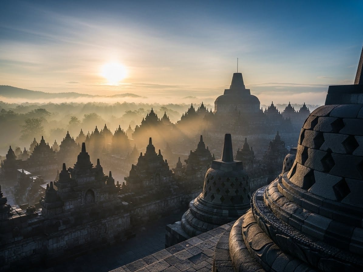 Ancient temples of Borobudur shrouded in morning mist