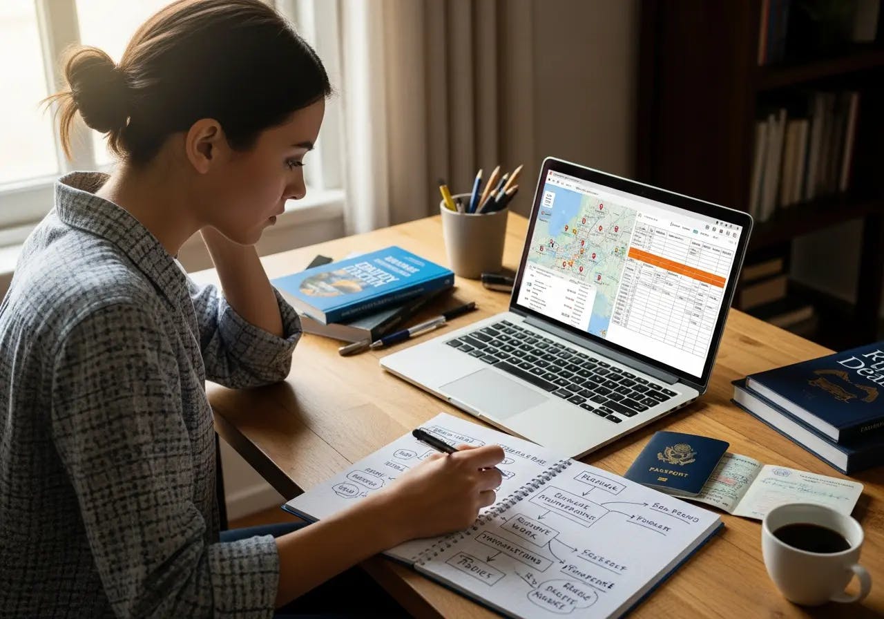 Person planning travel and income strategy on laptop