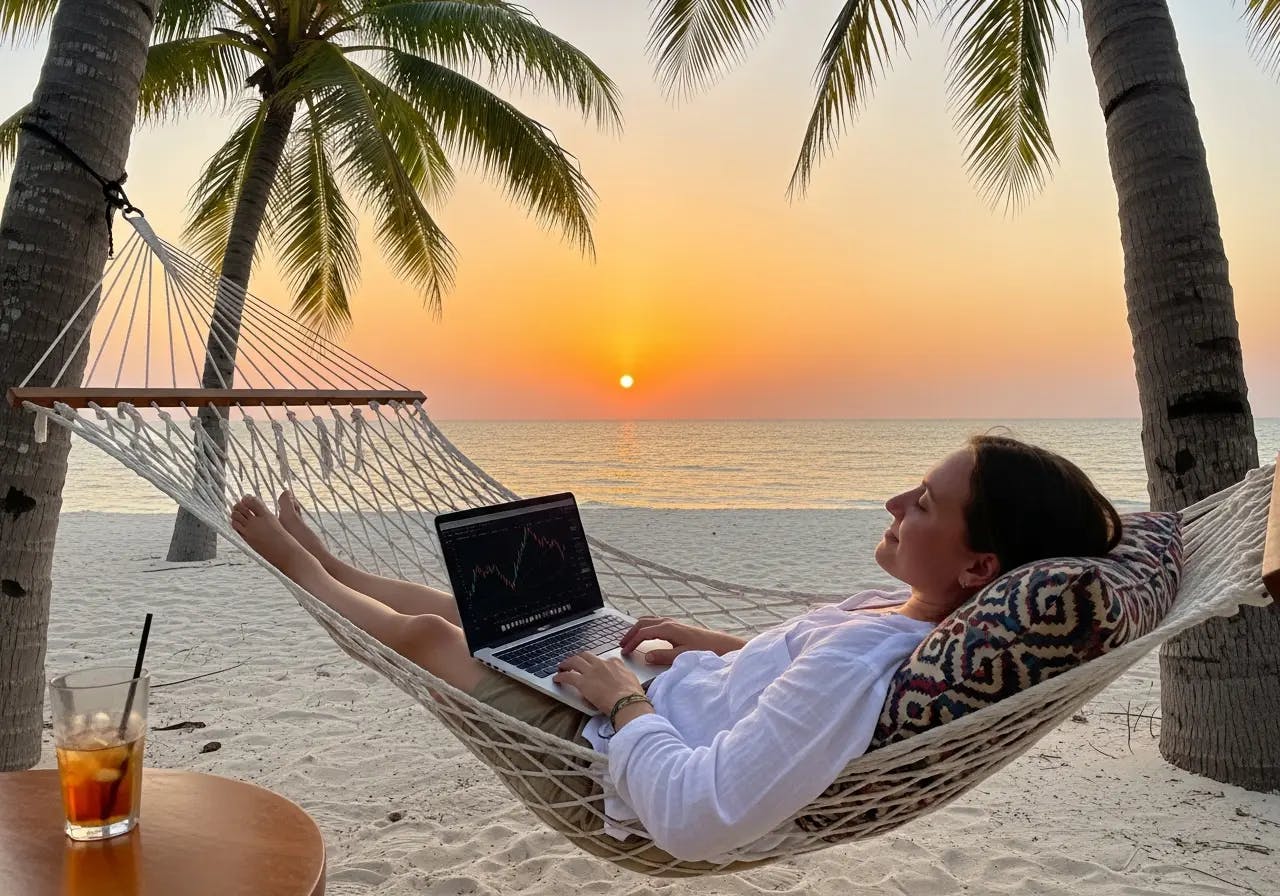 Person relaxing in hammock with laptop