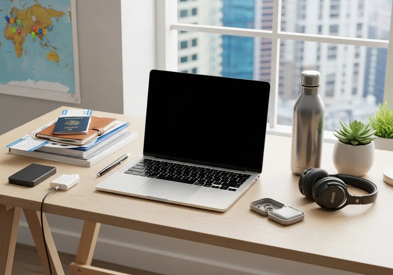 Organized digital nomad workspace with laptop, documents, and travel essentials