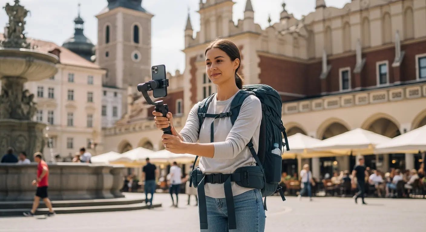 Content creator filming travel video with smartphone and gimbal
