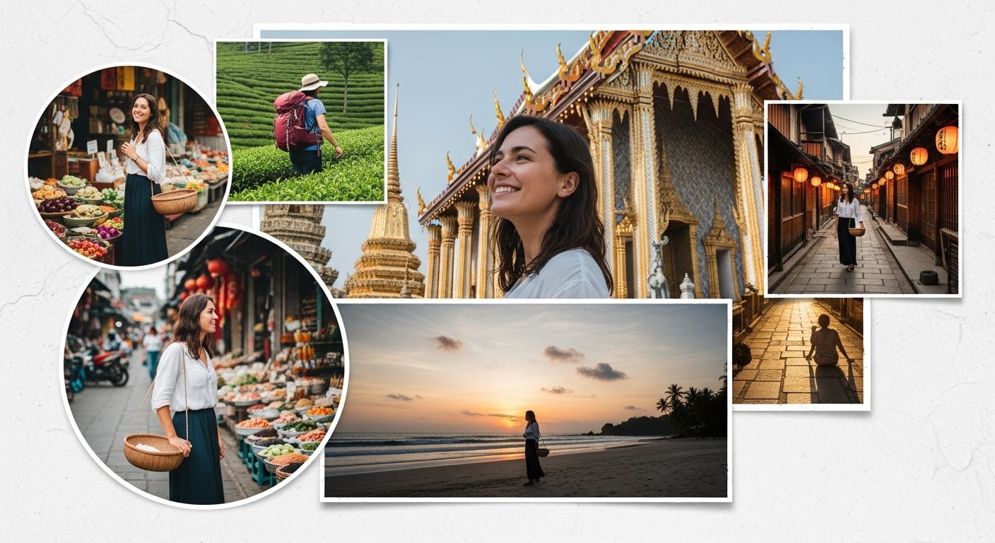 Collage of solo female traveler in various Asian settings - temples, street markets, beaches