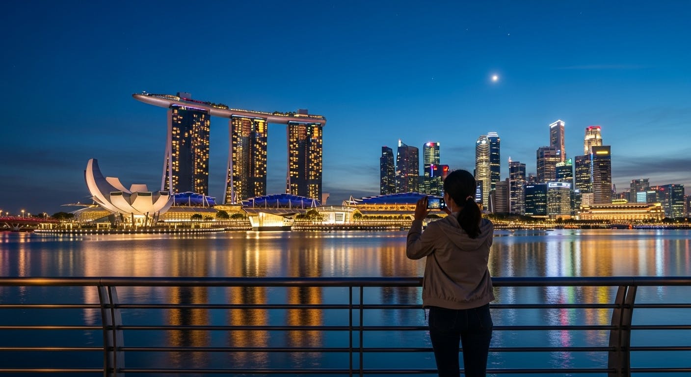 Marina Bay Sands at night with female traveler