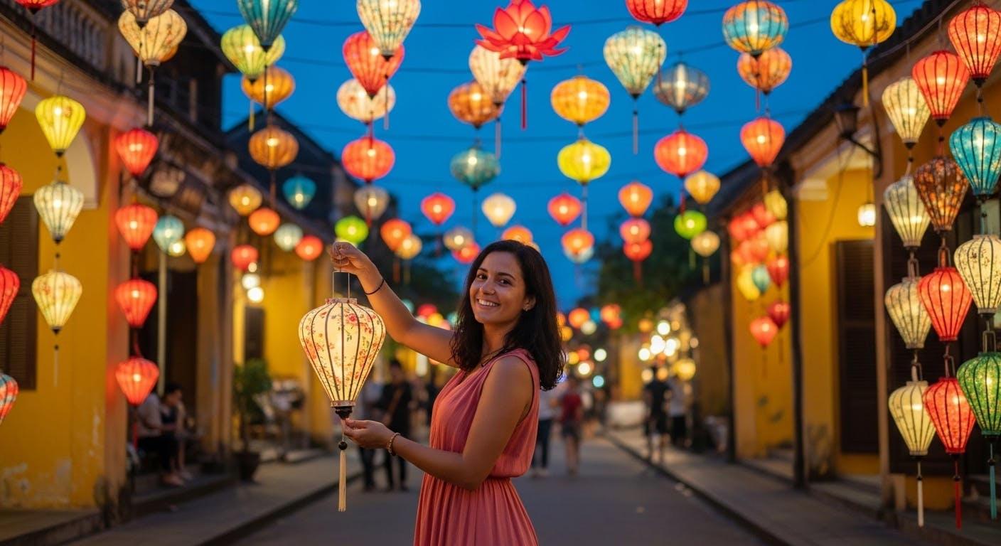 Hoi An lanterns with solo female traveler
