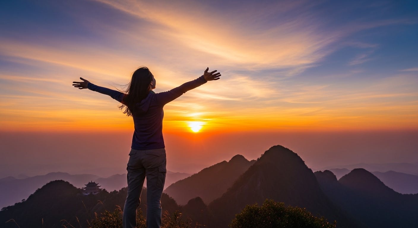 Inspirational solo female traveler at sunset in Asia