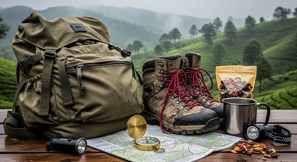 Close-up of hiking gear laid out on tea estate backdrop