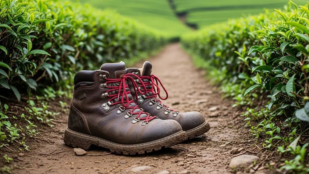 Close-up of hiking boots on tea estate path