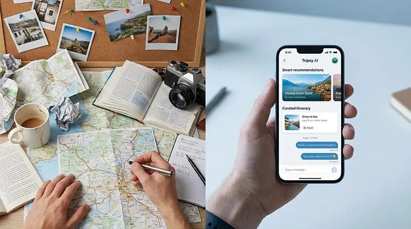 Split-screen showing traditional travel planning (messy desk with maps, printouts) vs. modern AI planning (clean phone interface with smart recommendations)