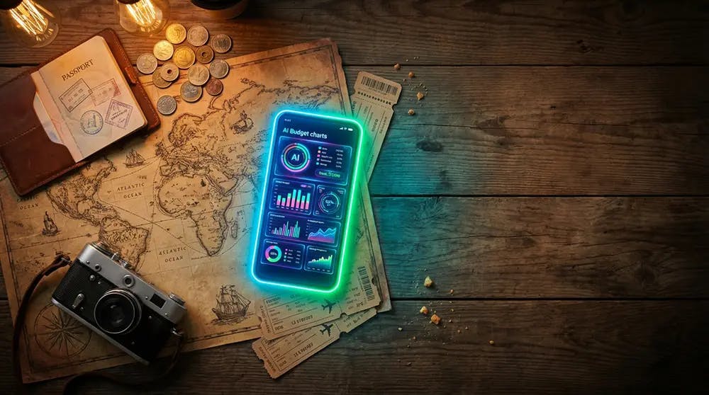 open world map spread on a rustic wooden table, surrounded by a passport, scattered coins from different currencies