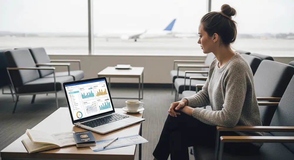 A traveler sitting in a minimalist airport lounge, laptop open with a colorful budget dashboard on screen, passport and boarding pass nearby