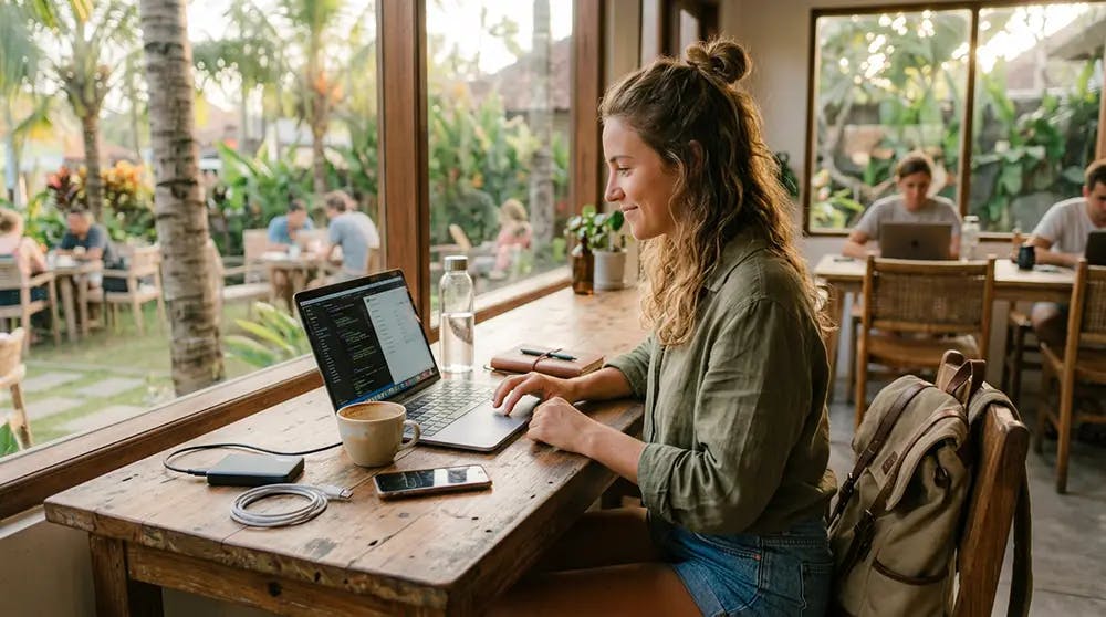 A digital nomad working on a laptop at a wooden desk