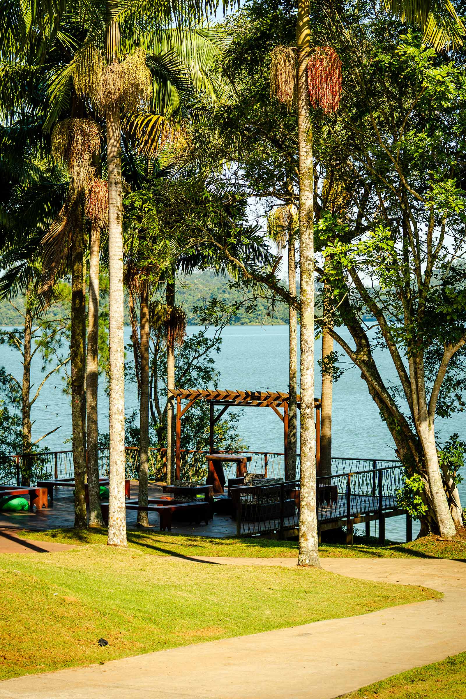 deck com coqueiros de frente a uma linda represa