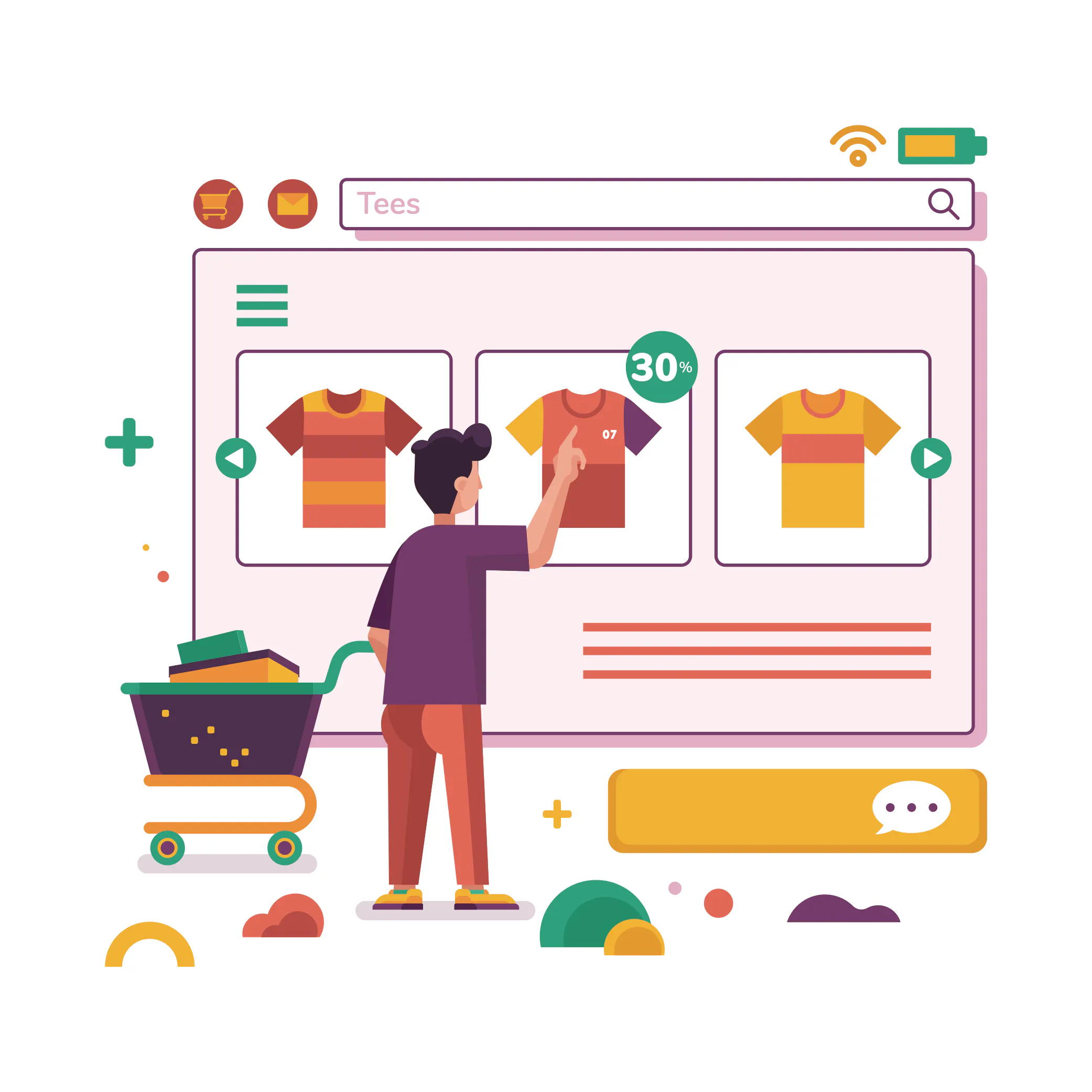 A graphic illustration of a Meesho customer buying a T-shirt.