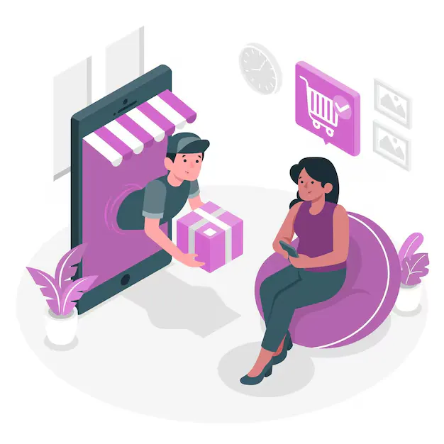 A graphic illustration of a Meesho customer receiving delivery after shopping online.