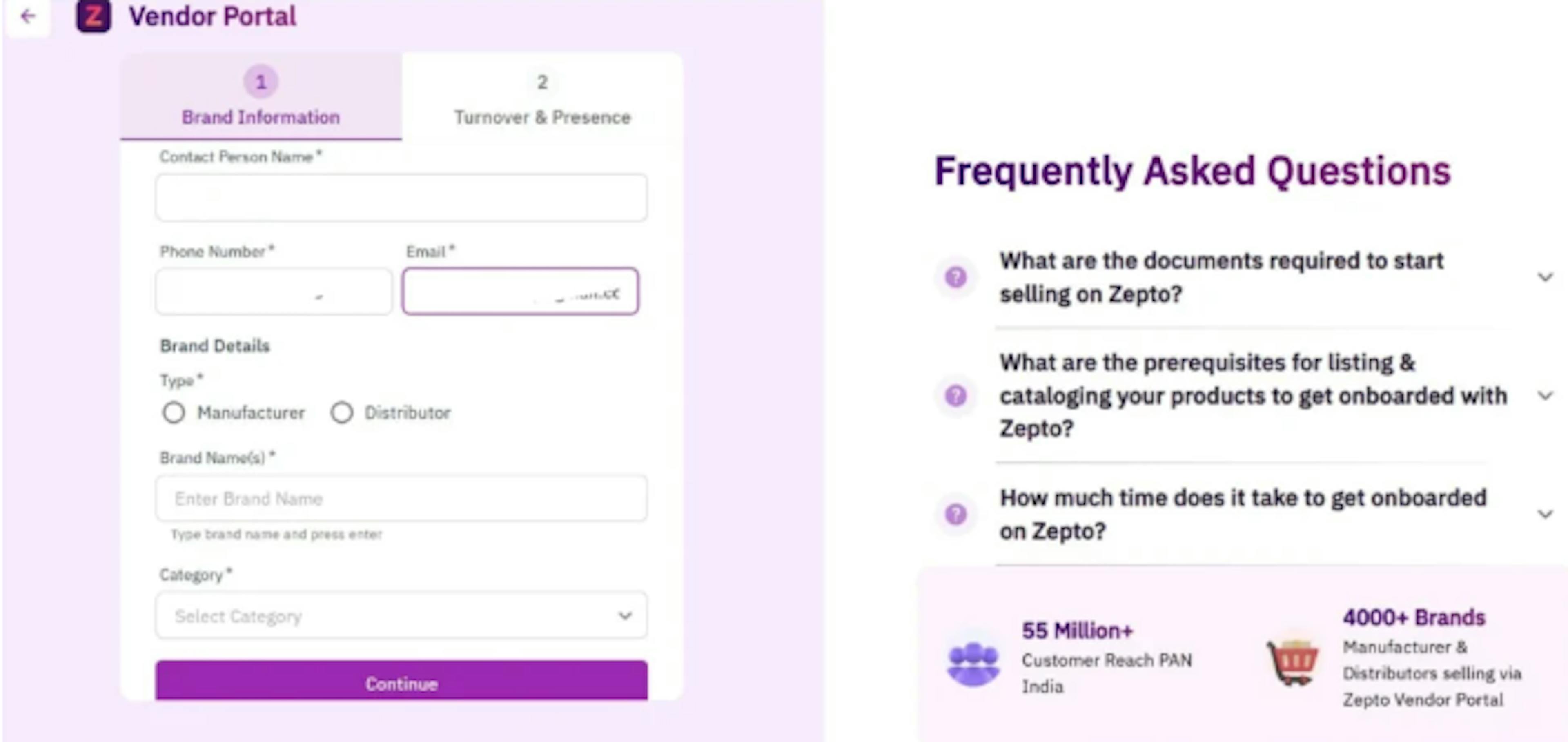 Zepto registration form