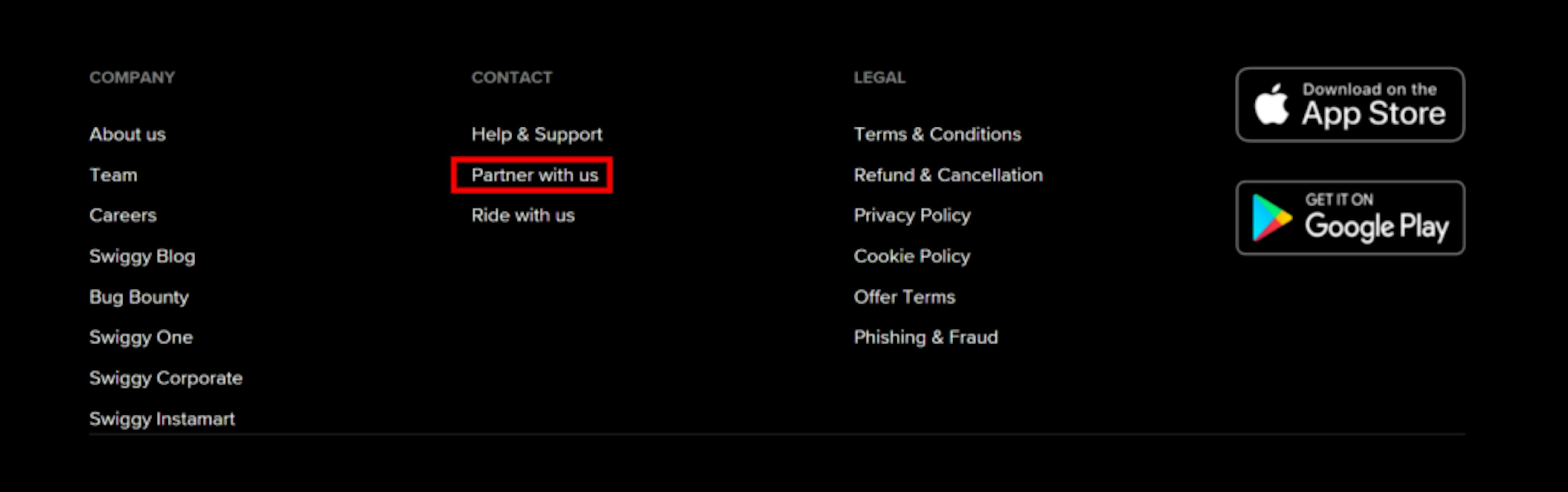 "Partner With Us" button for Swiggy Registration