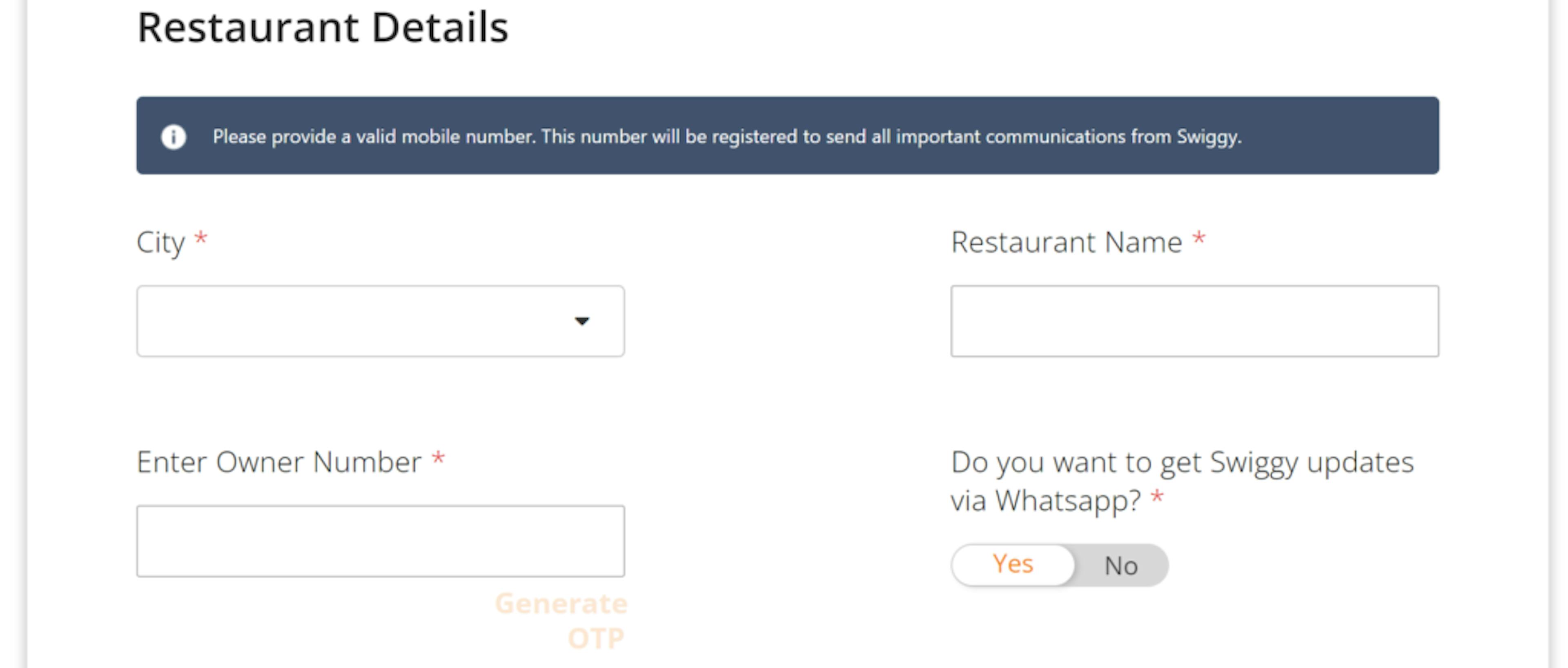 Registration form of Swiggy