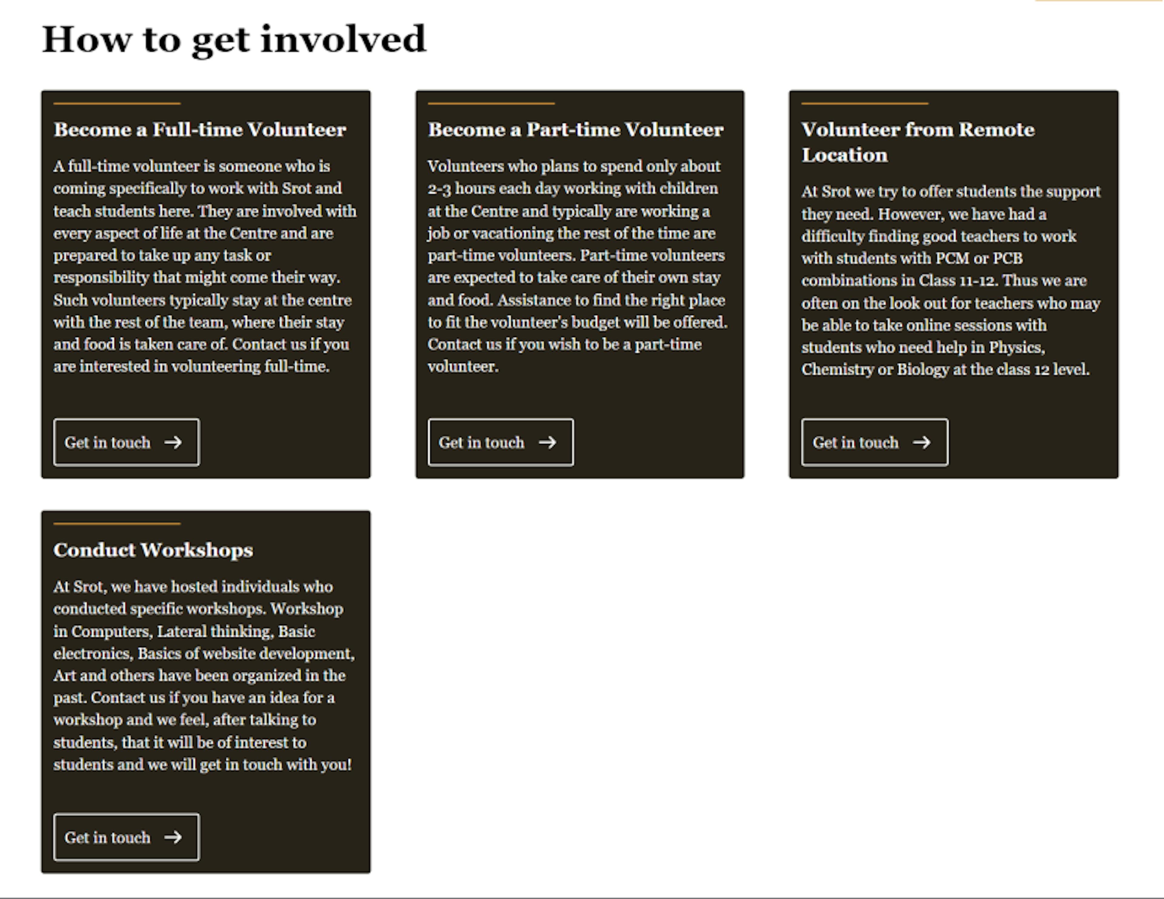 Screenshot showing information cards about volunteering and conducting workshops