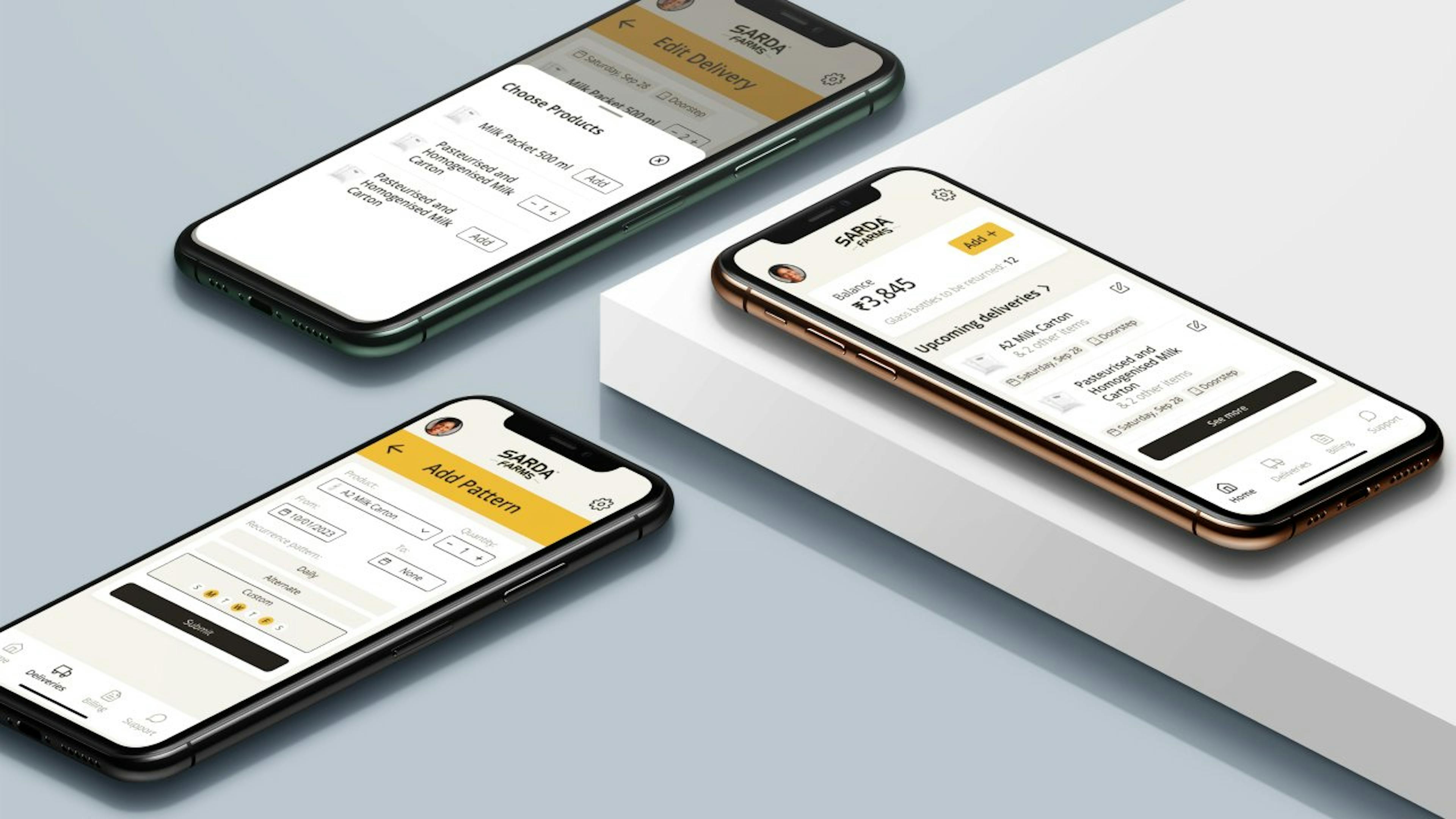 Mockups of 3 screens from the redesigned Sarda app