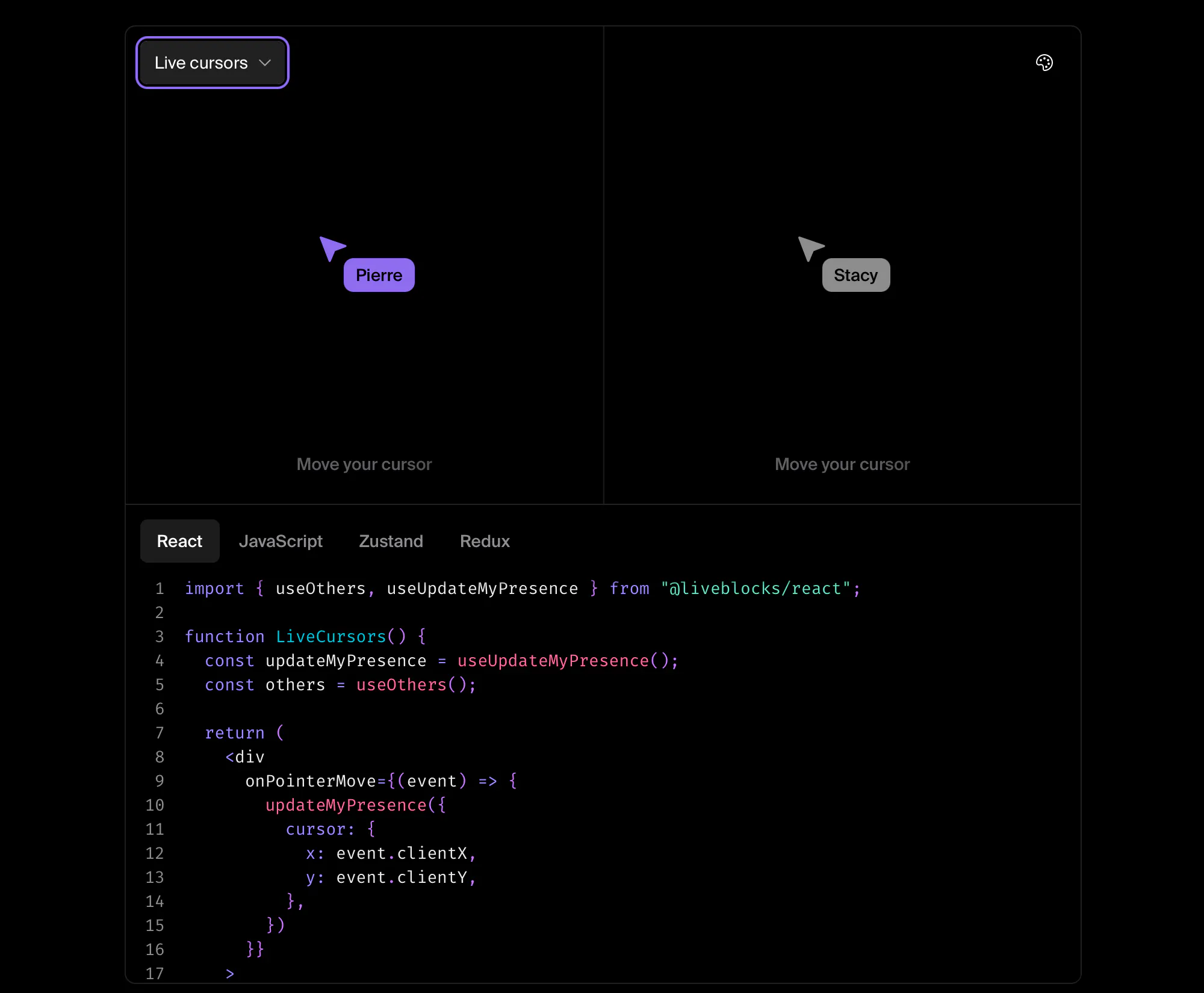 Screenshot of Liveblock's website demo on their homepage.