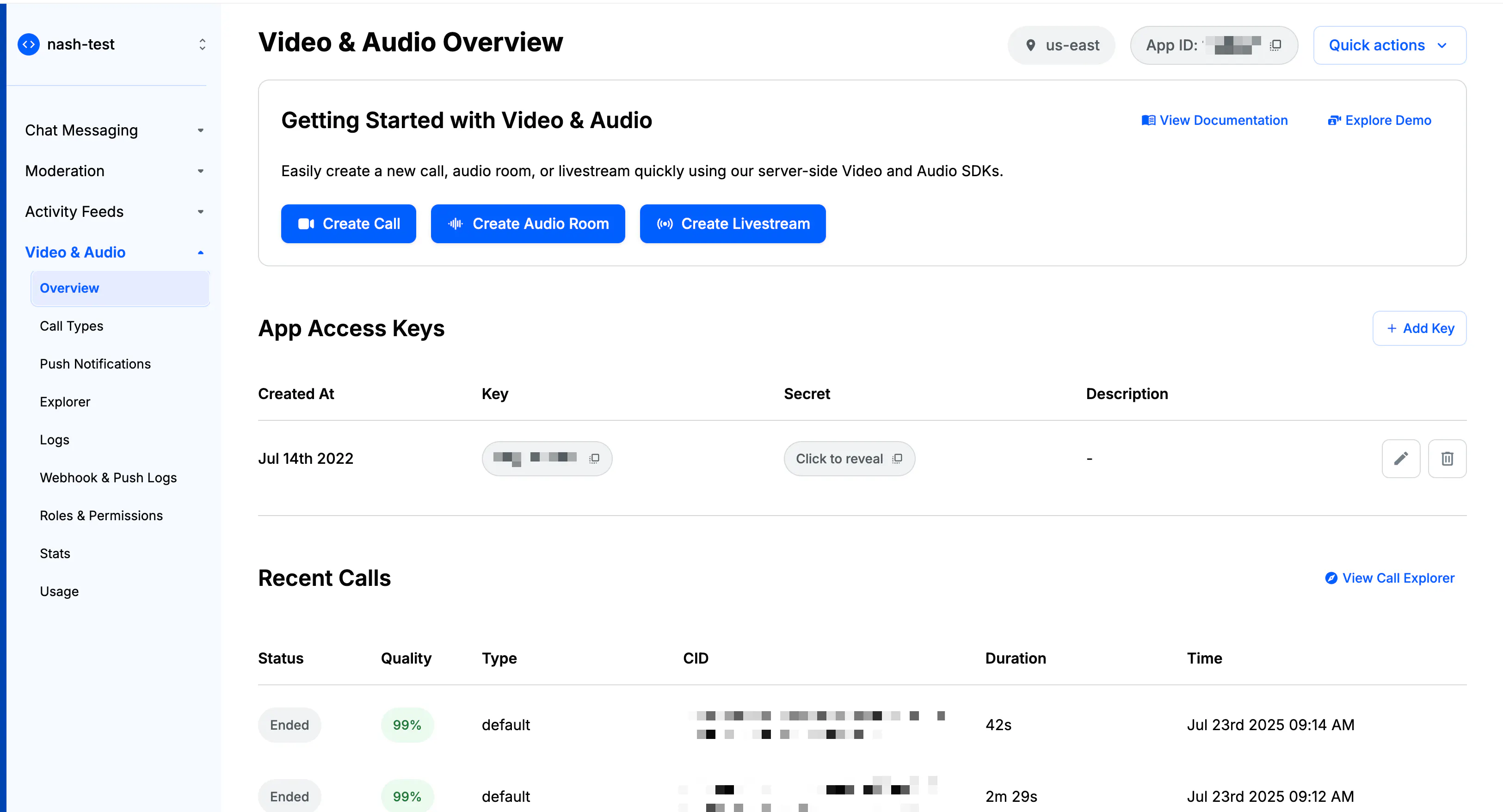 Getstream.io dashboard for video and voice applications