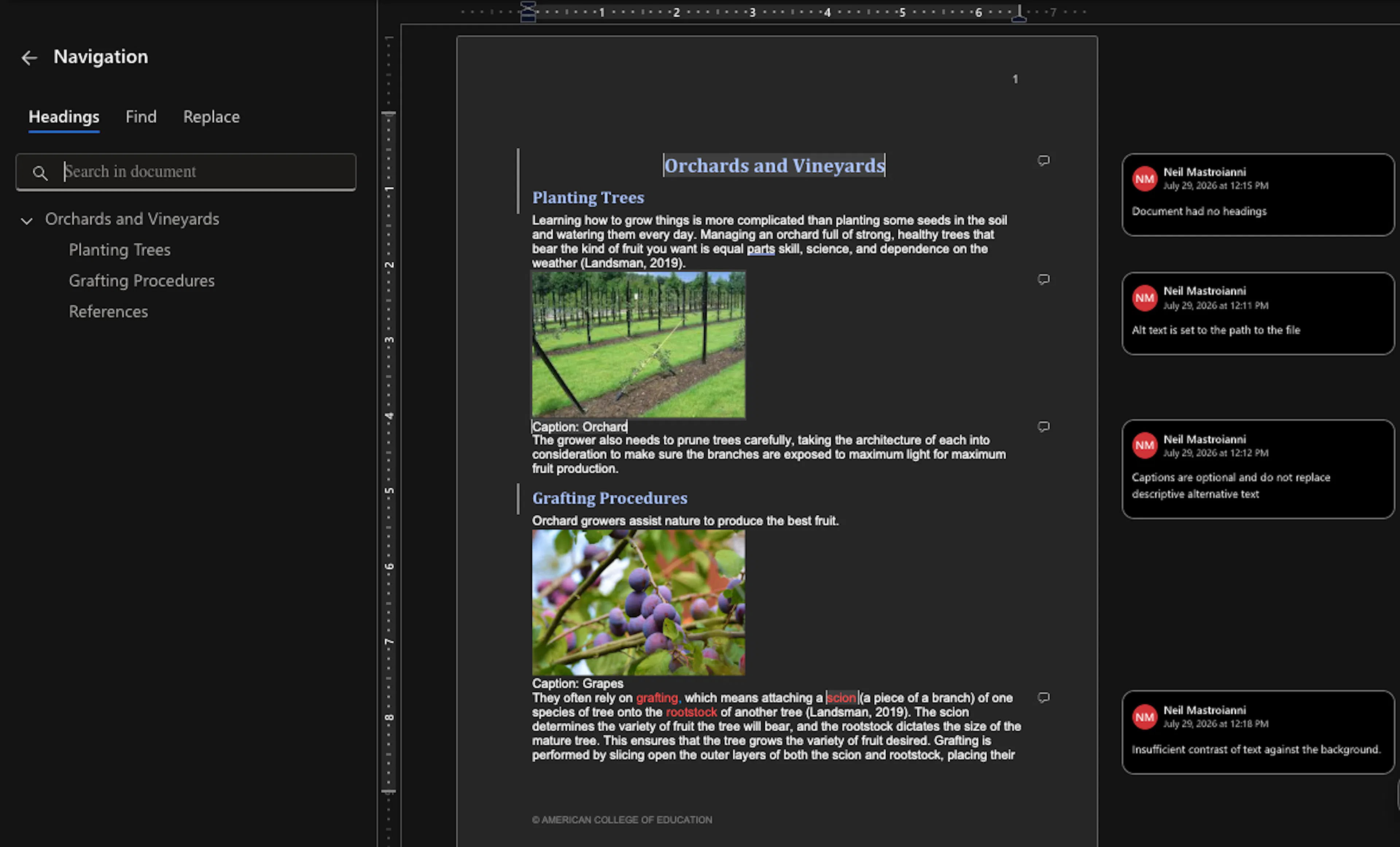 A Word document on a dark background with annotated edits and comments