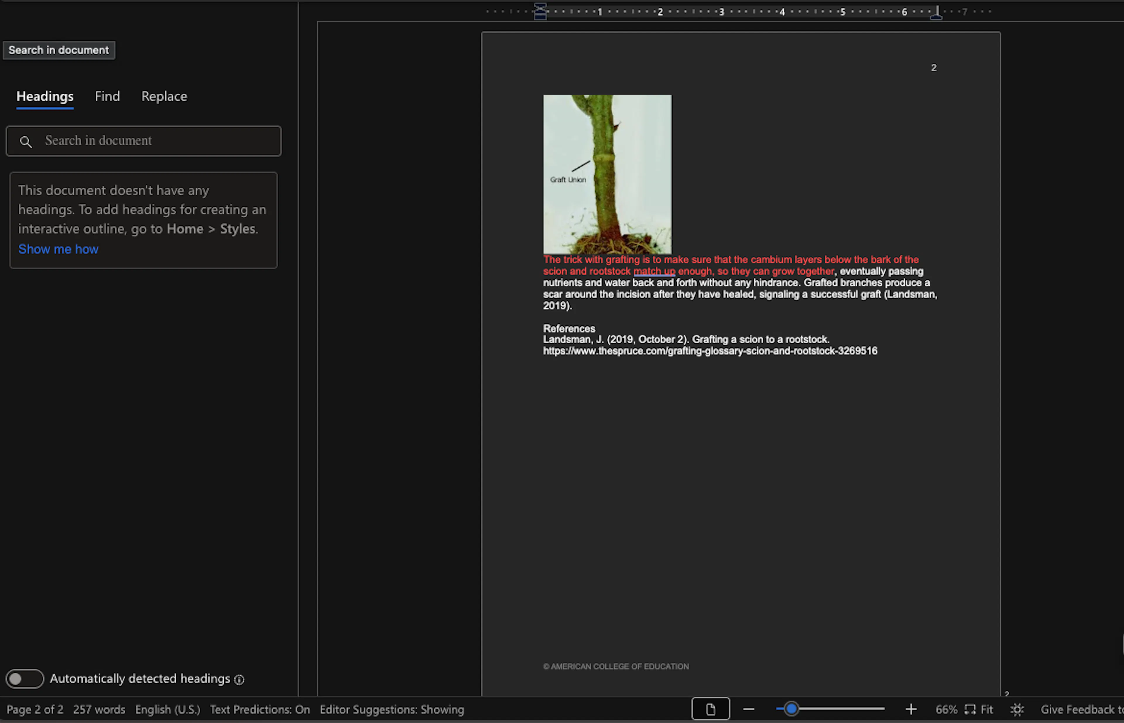 A Word document on a dark background with some red text